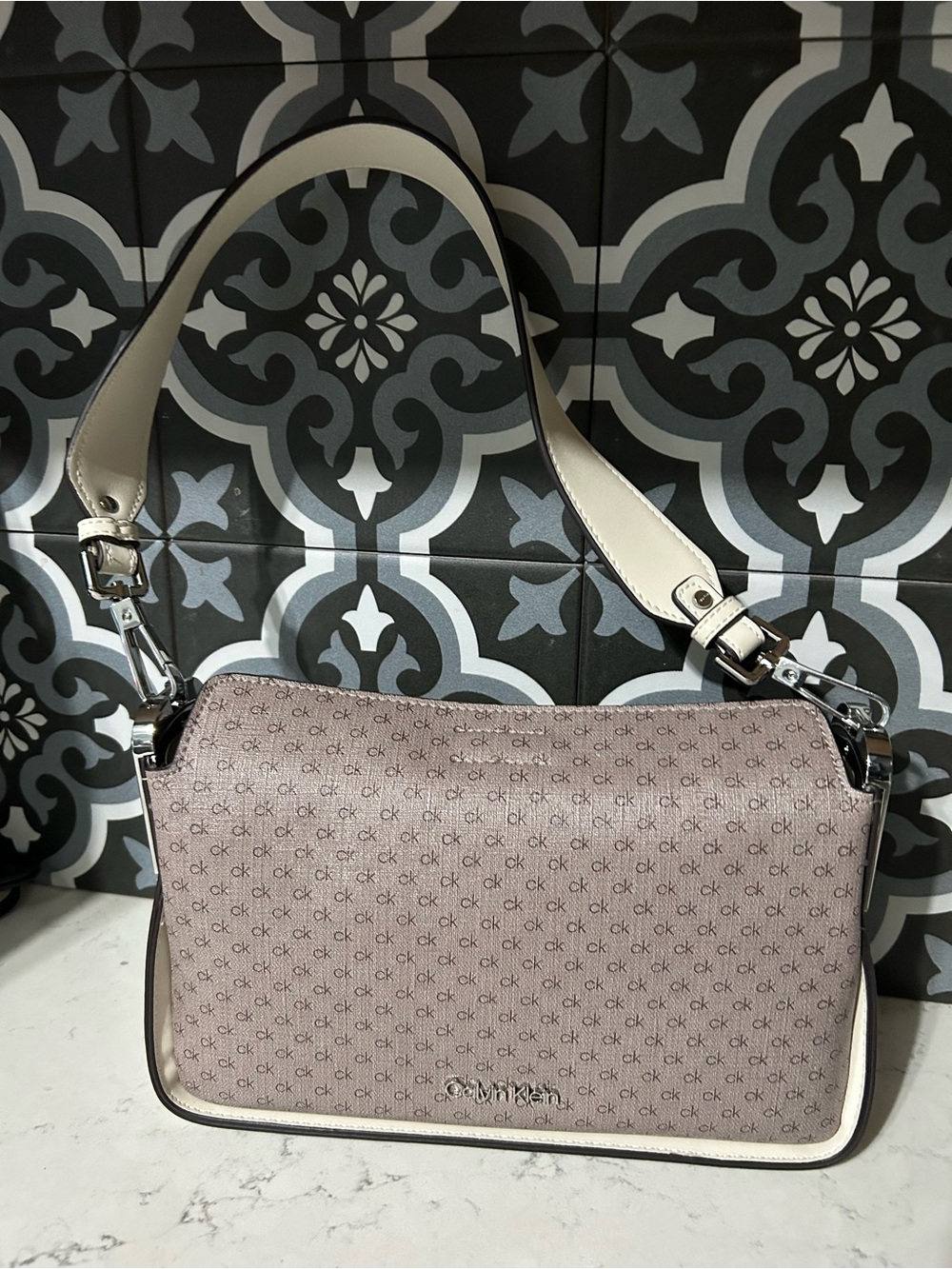 Calvin Klein Pink Monogram Shoulder Bag with Cream Trim